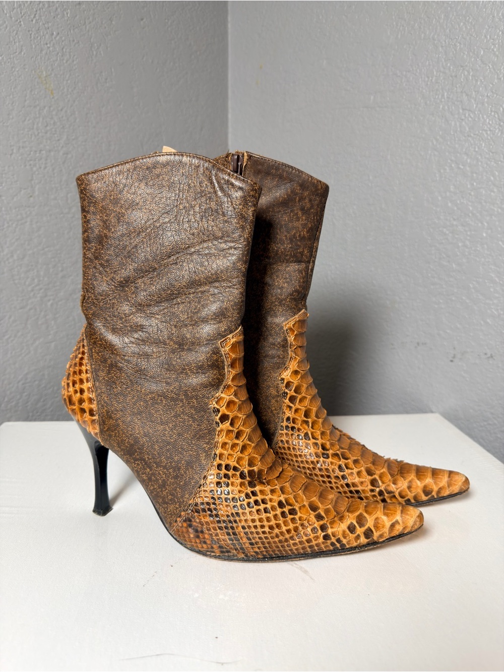 Brown Real Leather Snakeskin-Accent Pointed-Toe Ankle Boots with Slim Heel